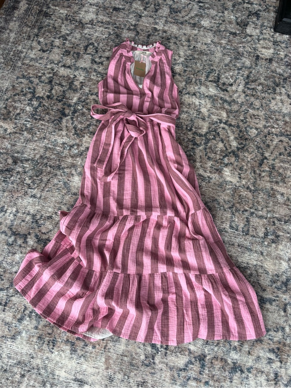 Boden Pink Striped Sleeveless Maxi Dress with removable Tie Waist